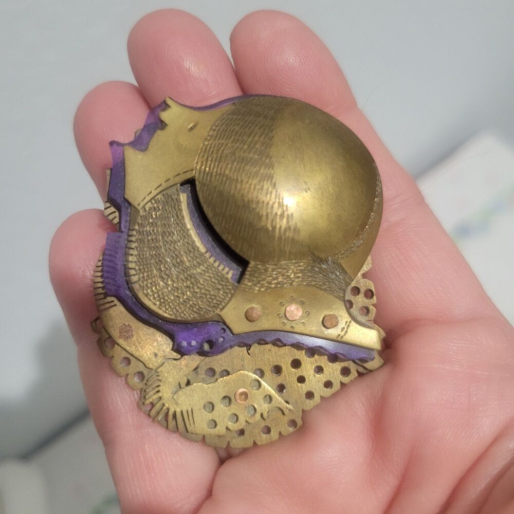 Vtg Leah Manis Signed DL Steampunk Knight Brooch Pin Brass Watch Gear Art RARE